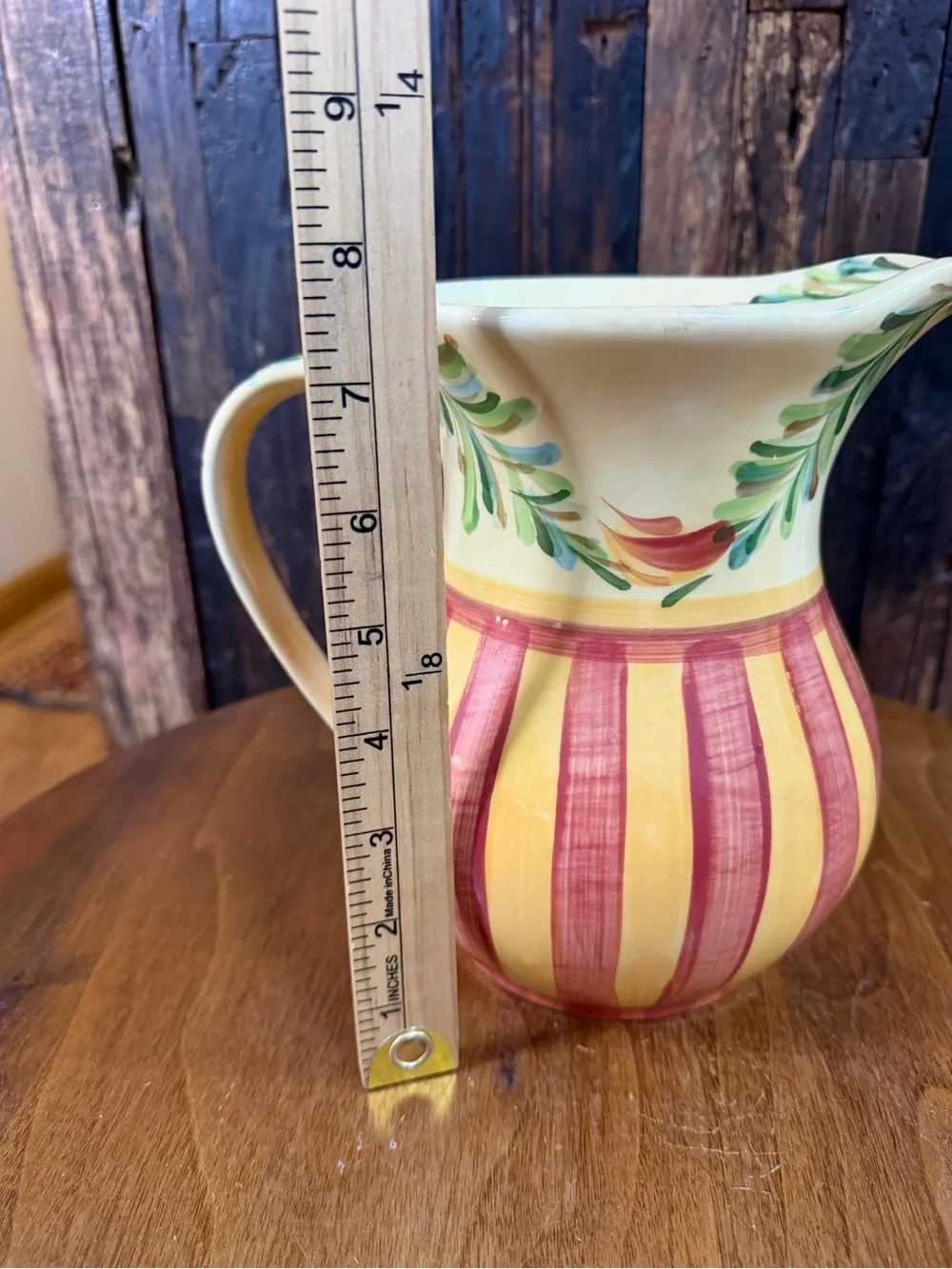 Gail Pittman Sienna Garland Pitcher Hand Painted Red Yellow Stripe Pottery 8”